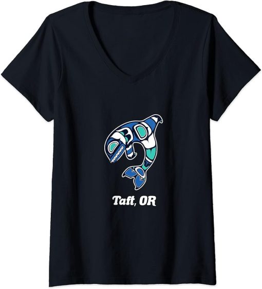 Womens Taft OR Native American Tribal Orca Killer Whale V-Neck T-Shirt