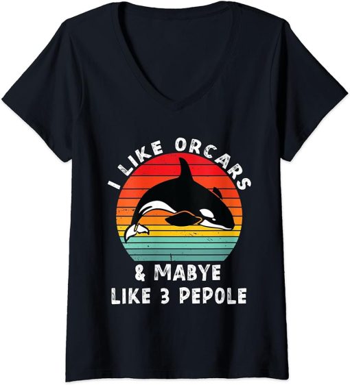 Womens I Like Orcas and Maybe 3 People Vintage Orca Killer Whale V-Neck T-Shirt