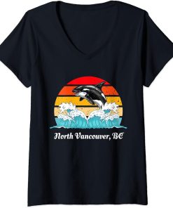 Womens Vintage North Vancouver BC Distressed Orca Killer Whale Art V-Neck T-Shirt