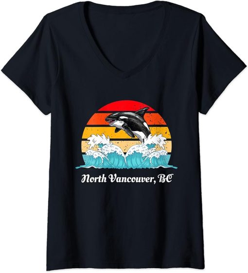 Womens Vintage North Vancouver BC Distressed Orca Killer Whale Art V-Neck T-Shirt