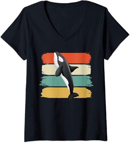 Womens Retro Killer Whale Art 80s Orca Whale Old School Classic Gif V-Neck T-Shirt