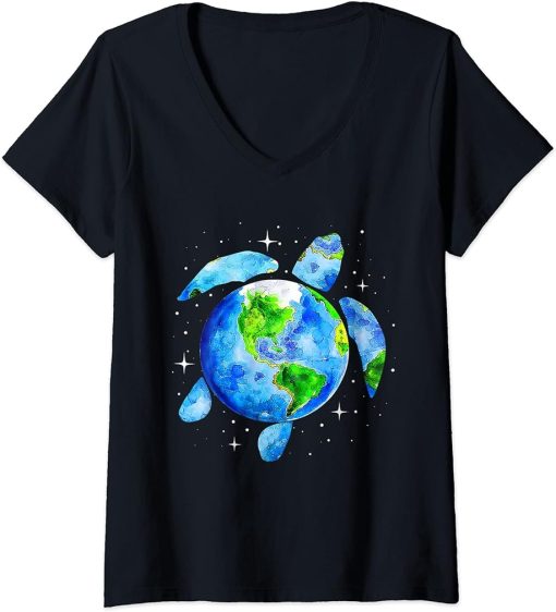 Womens Earth Day 2023 Restore Save The Planet Earth Sea Turtle Art V-Neck T-Shirt