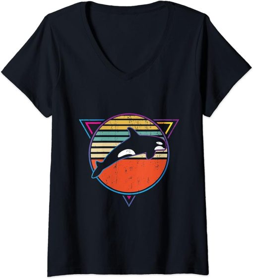 Womens Retro Orca for Killer Whale Lover V-Neck T-Shirt